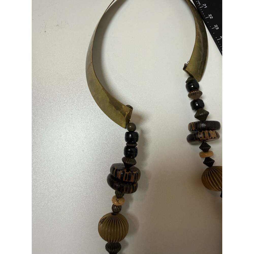 Handmade Brass Wood Statement Necklace Clip Earrings Set Boho Artisan Pendant - Picture 11 of 11